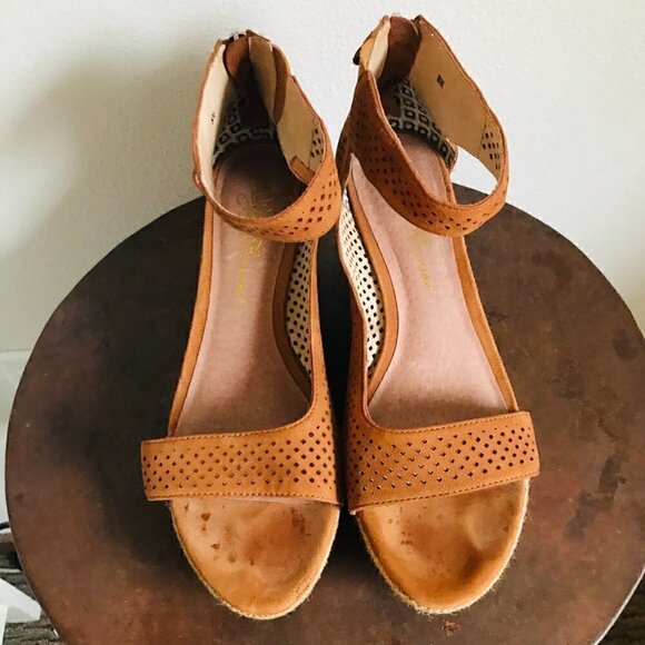 Matt Bernson Brown Leather Charlie Raffia Wedge Sandals Size 8 - Picture 3 of 9